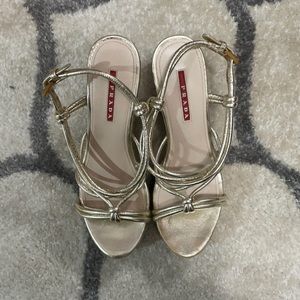 PRADA Gold Metallic Strappy Corky Wedges